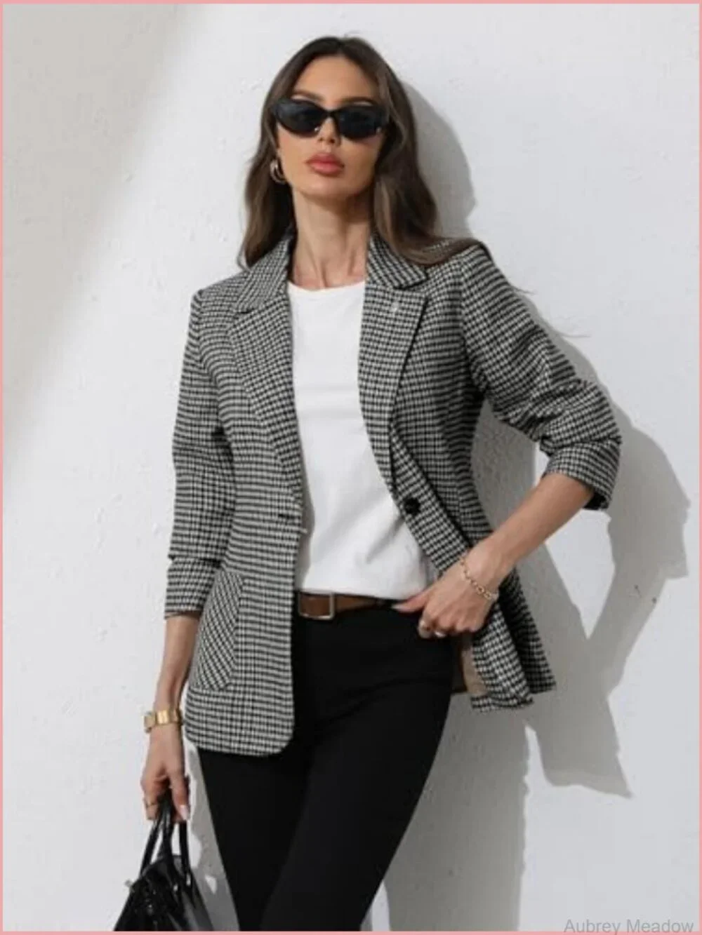 Houndstooth Plaid Blazer with Embroidered Collar - Business Casual Office